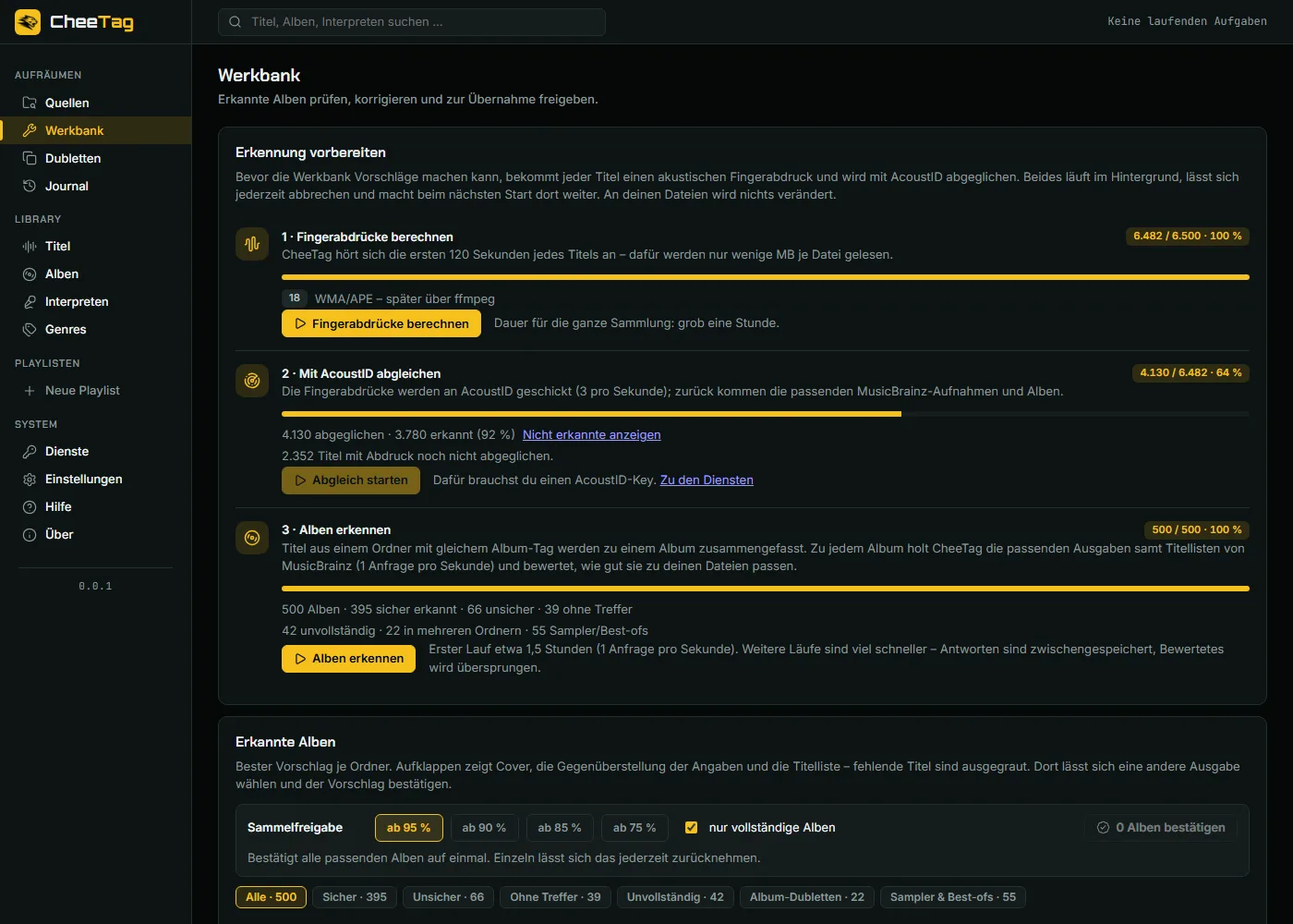 breit The workbench: compute fingerprints, match against AcoustID, identify albums — each step with its progress, below them the identified albums with match scores and bulk approval.