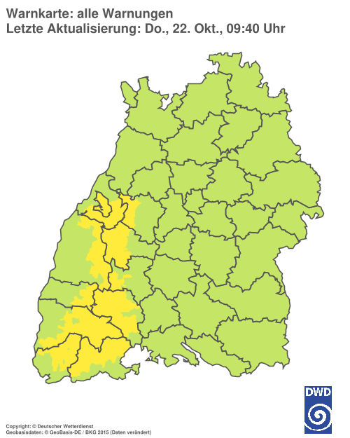 Warnkarte des Deutschen Wetterdienstes auf Gemeindeebene, eingefärbt nach Warnstufe. Grün bedeutet: keine Warnung.
